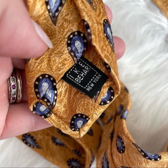 IKE Behar | Gold & Blue Paisley Print 100% Silk Tie USA Tailored Professional - Picture 4 of 6